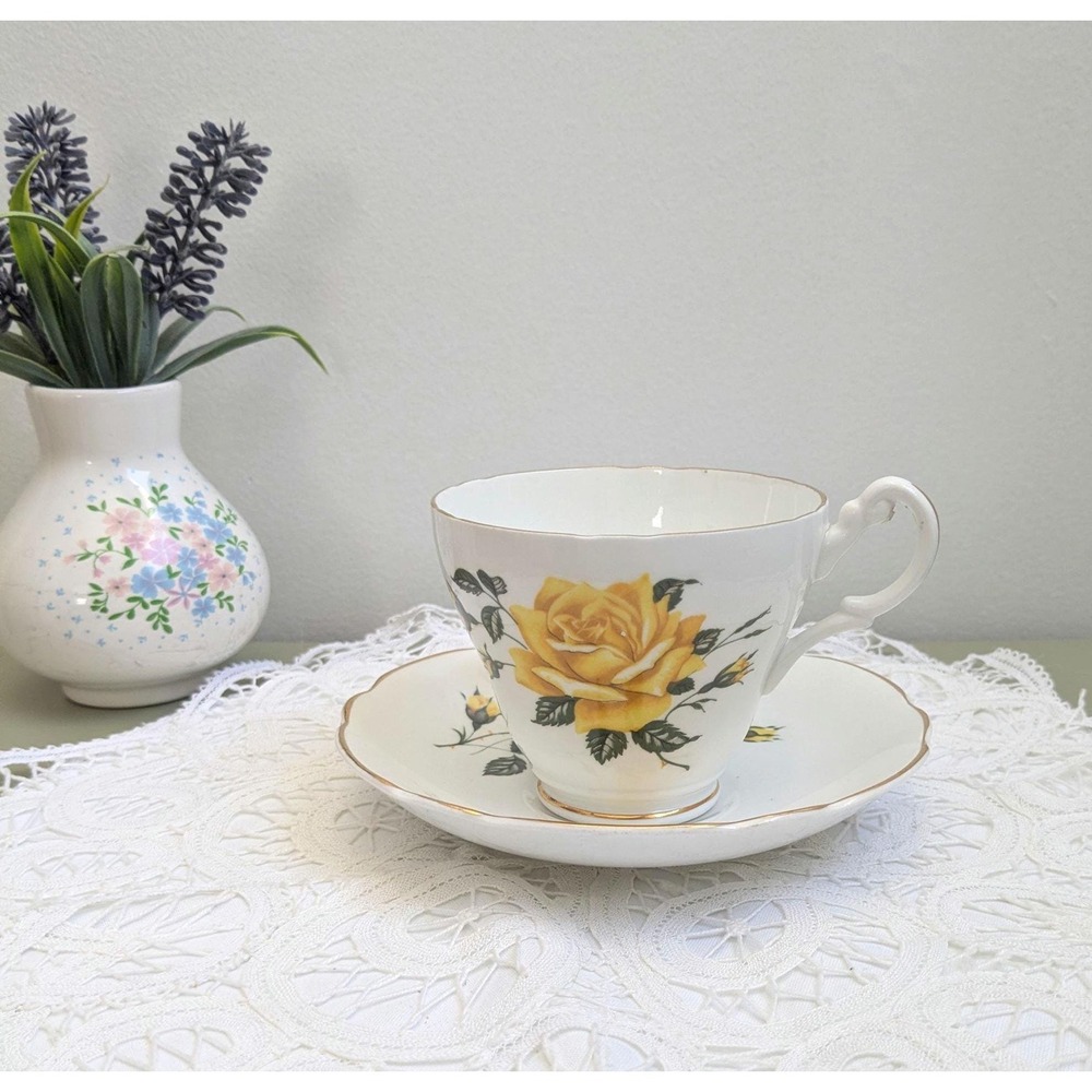 Vintage Royal Ascot Teacup and Saucer Set, Yellow Rose China Cup